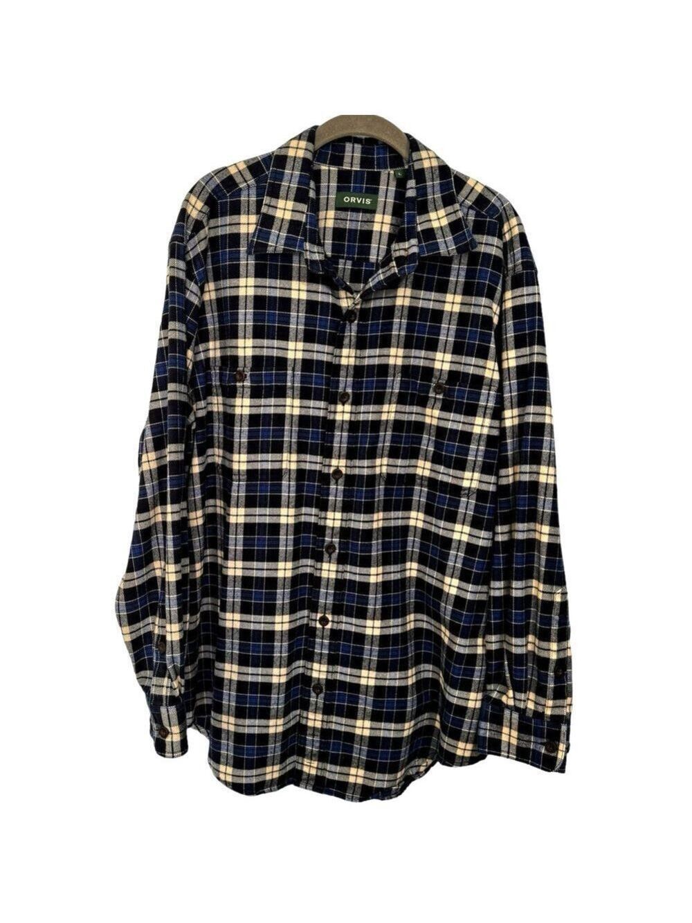 Orvis Perfect Flannel Shirt Men’s Sz L Long Sleeve Shacket Blue Plaid Pockets